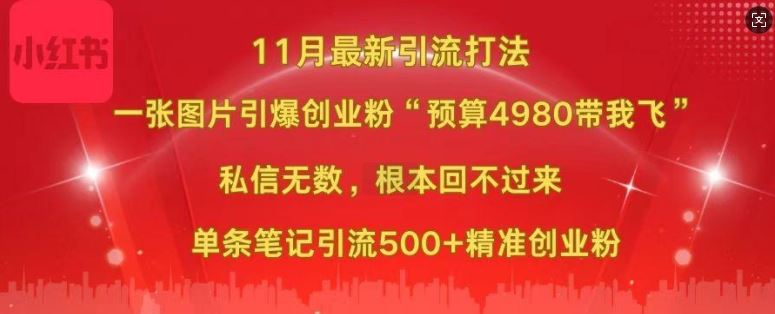 小红书11月最新图片打粉，一张图片引爆创业粉，“预算4980带我飞”，单条引流500+精准创业粉-丛零网创